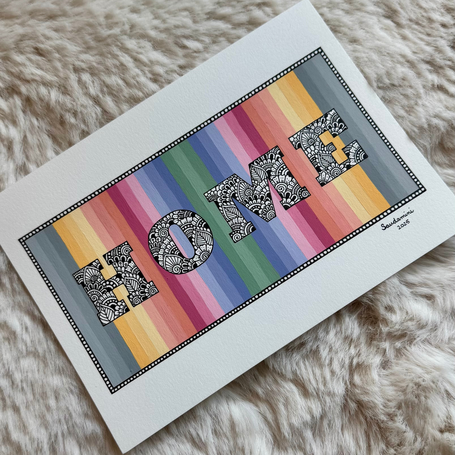 Artwork with 'HOME' text on a colorful striped background masking a zentangle design