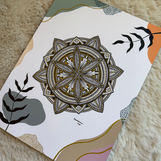 Decorative mandala design and leaf patterns on a textured surface