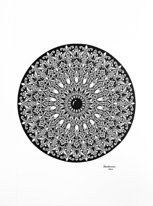 A black and white mandala-patterned artwork designed for astronomical and philosophical themes, presented as a circular ink-on-paper print with a central point and radiating lines.