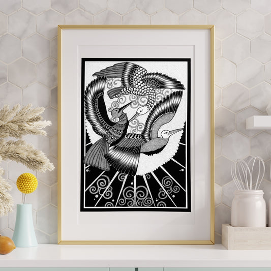 Composite mockup of A Covenant of Wings Zentangle by Saudamini Madra, two birds in flight in black ink on Bristol paper, shown in a gold frame on a marble-tiled wall