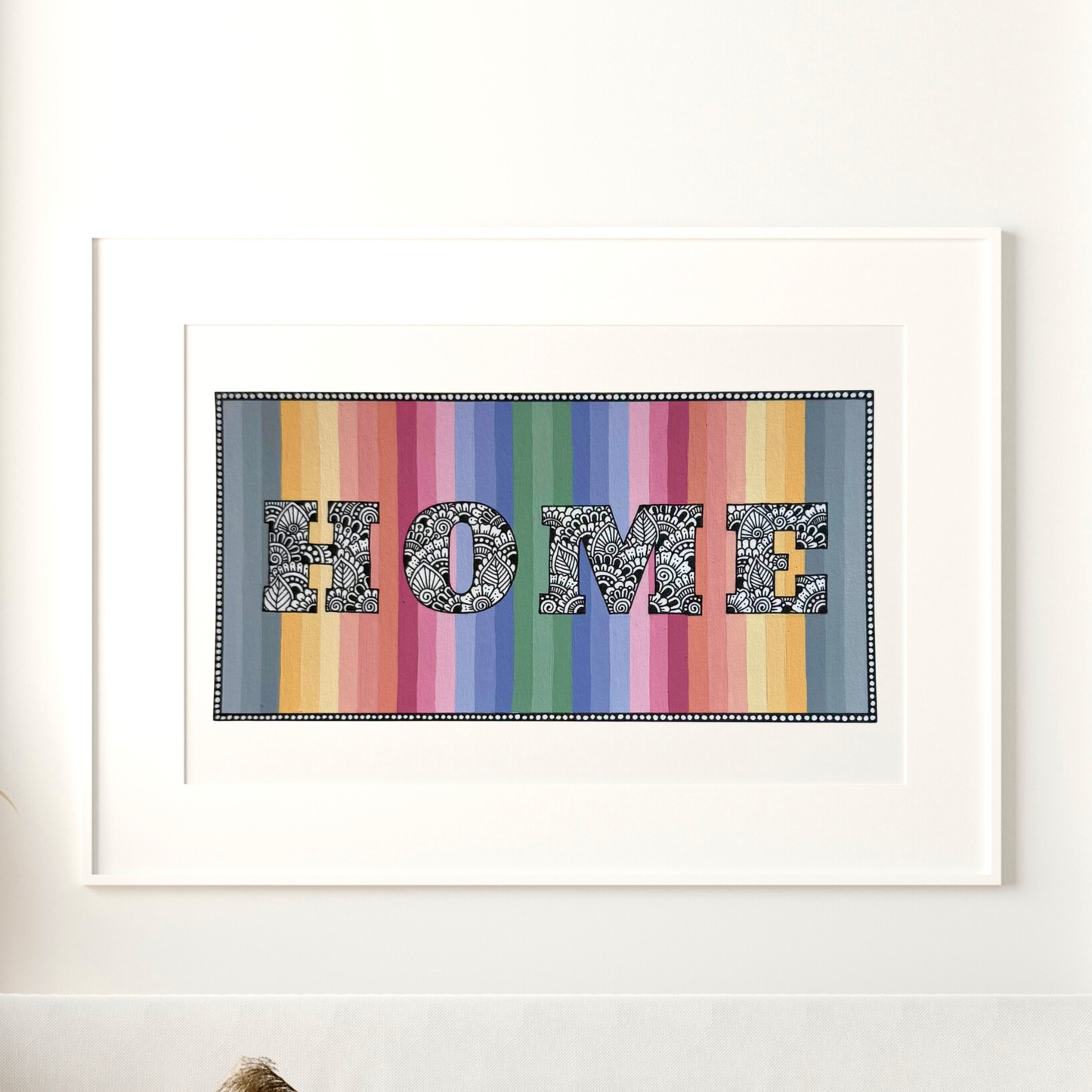 Artwork with 'HOME' text on a colorful striped background masking a zentangle design