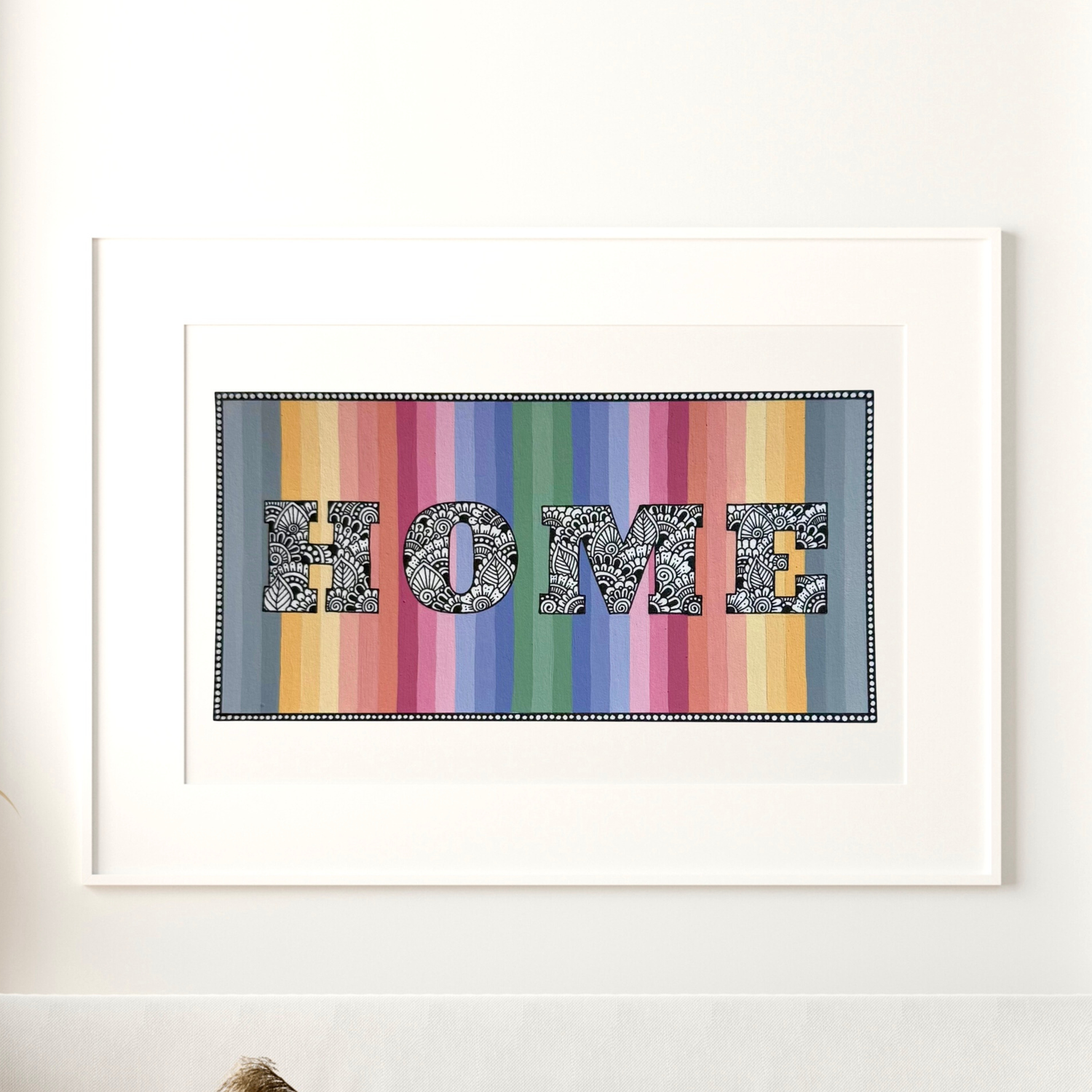 Artwork with 'HOME' text on a colorful striped background masking a zentangle design