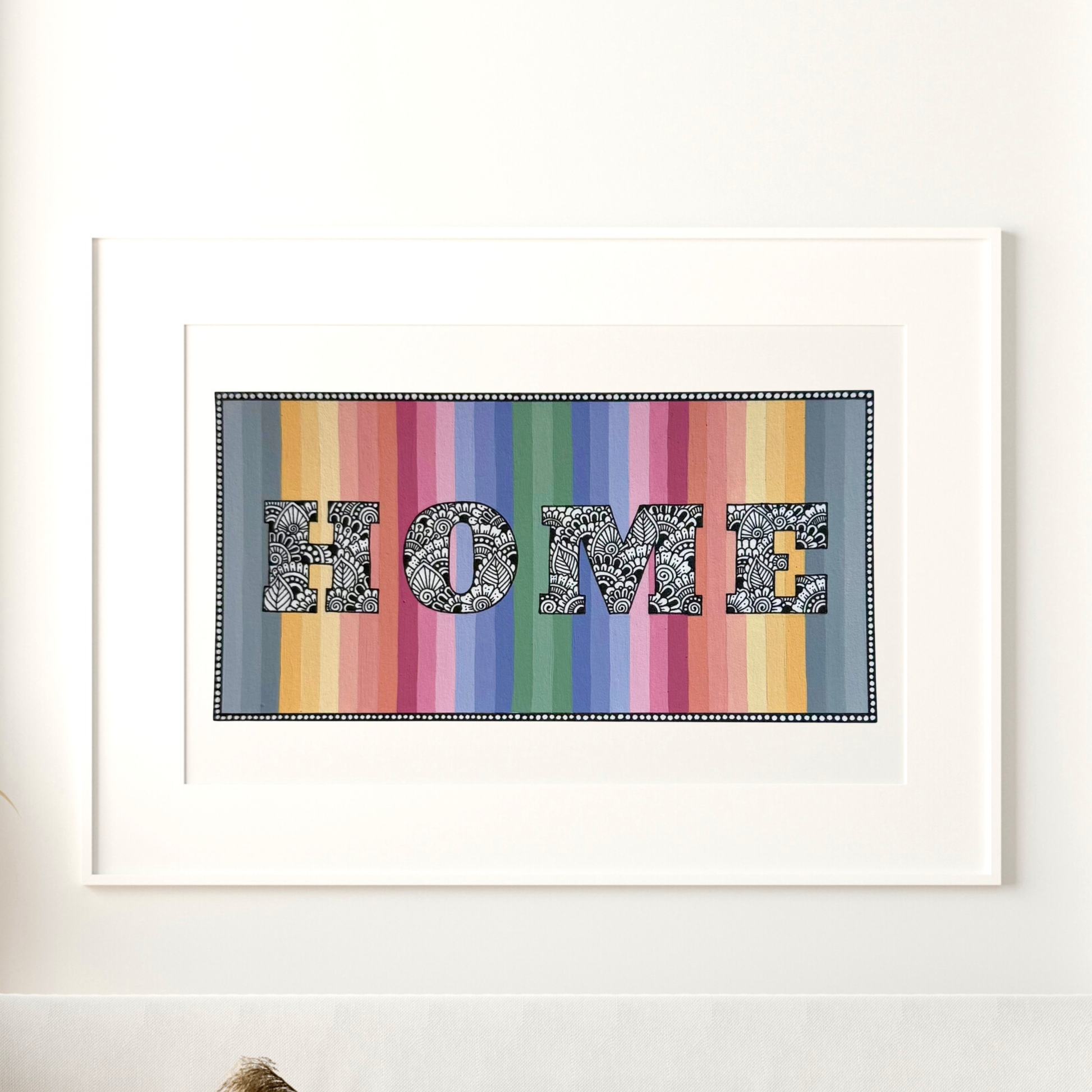 Artwork with 'HOME' text on a colorful striped background masking a zentangle design