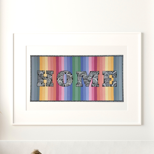 Artwork with 'HOME' text on a colorful striped background masking a zentangle design