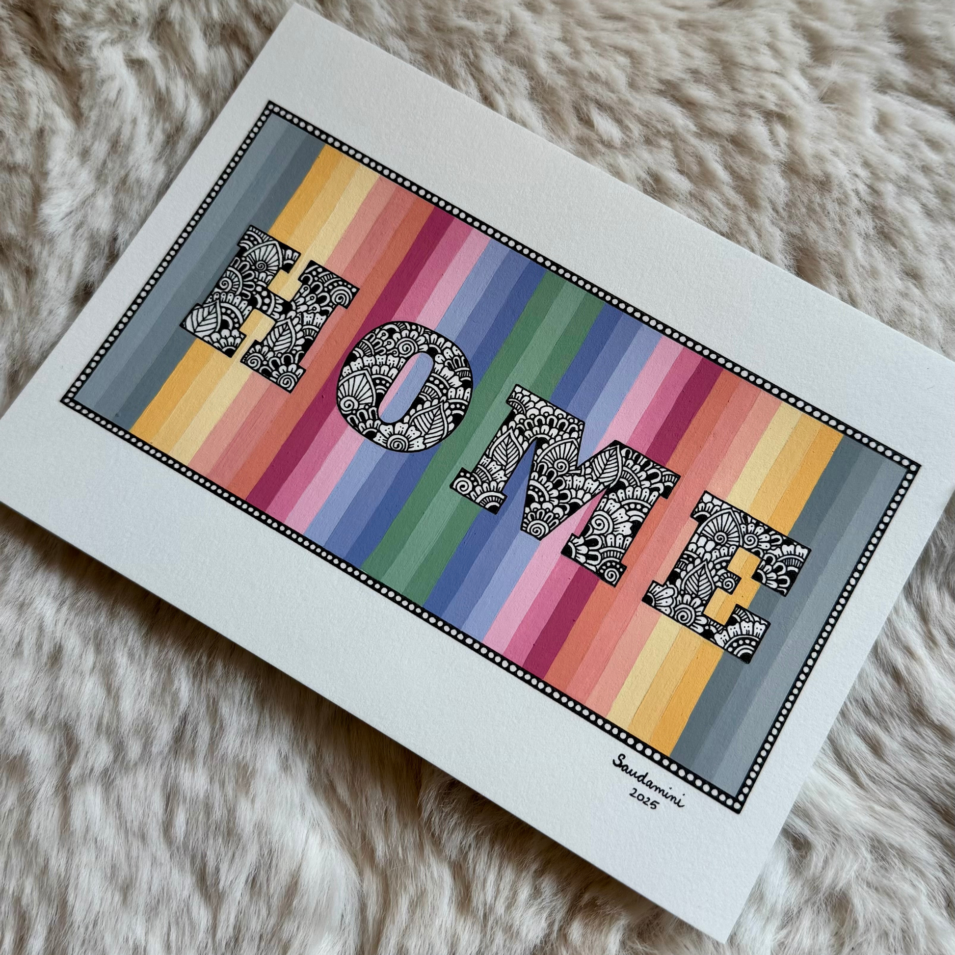 Artwork with 'HOME' text on a colorful striped background masking a zentangle design