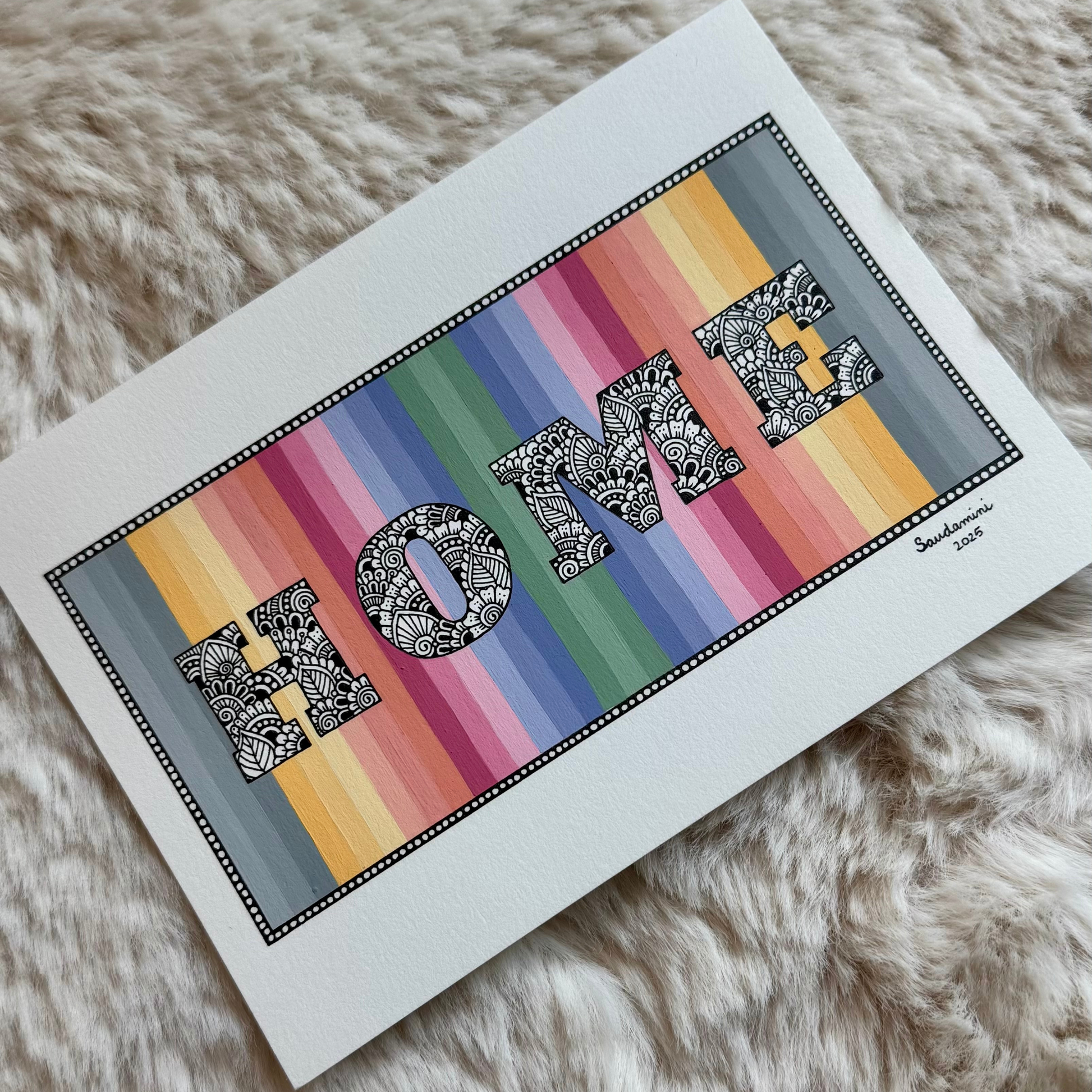 Artwork with 'HOME' text on a colorful striped background masking a zentangle design