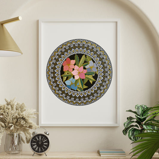 Composite mockup of An Inheritance of Bloom Mandala by Saudamini Madra, a circular mandala with colored flowers in ink on Bristol paper, shown framed on a warm wall
