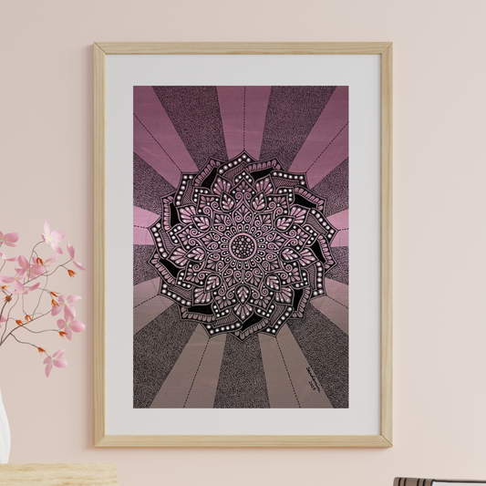 Mandala art on a wall with a light pink background