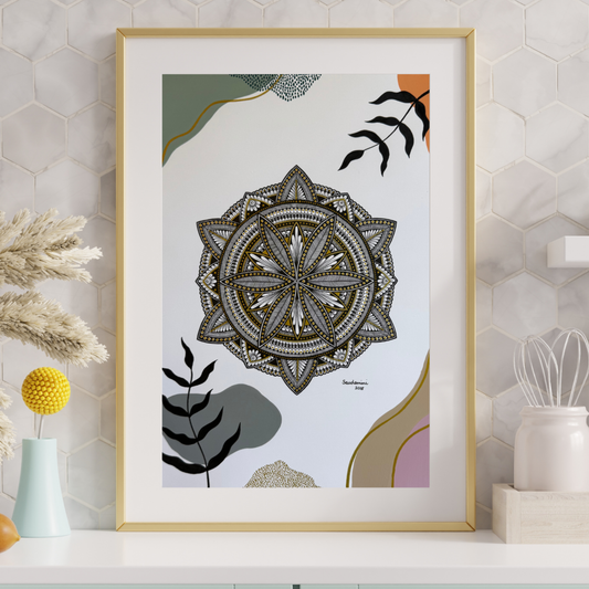 Mandala art on a wall with decorative elements.