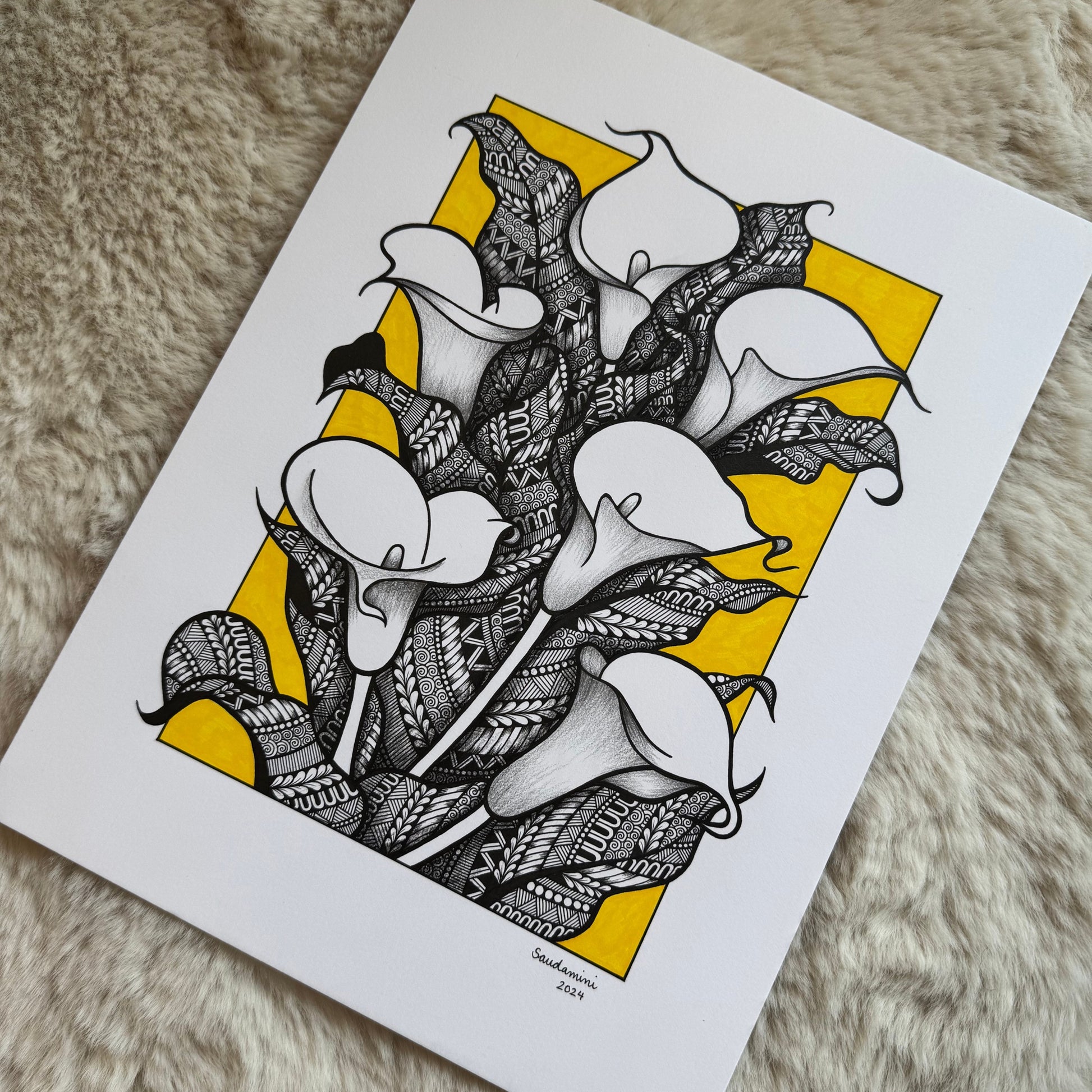 Hand-drawn botanical zentangle by Saudamini Madra showing calla lilies in fine black ink on Bristol paper, detail view