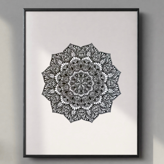 Black and white mandala art print on a light gray background