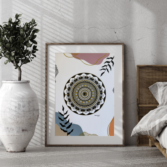 Mandala original artwork on a wall with a plant and bed in the background