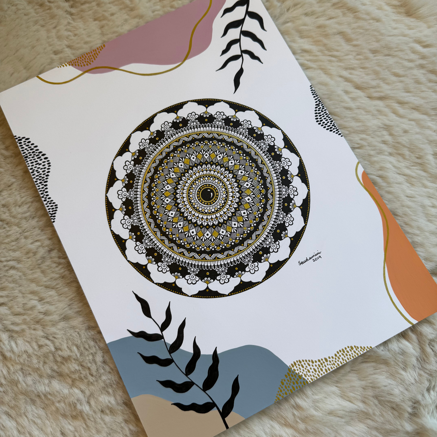 Mandala artwork bohemian theme on a furry surface