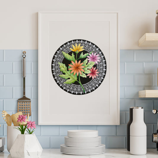 Composite mockup of The Soft Argument of Flowers Mandala by Saudamini Madra, a colorful floral mandala in ink on Bristol paper, shown framed in a kitchen setting