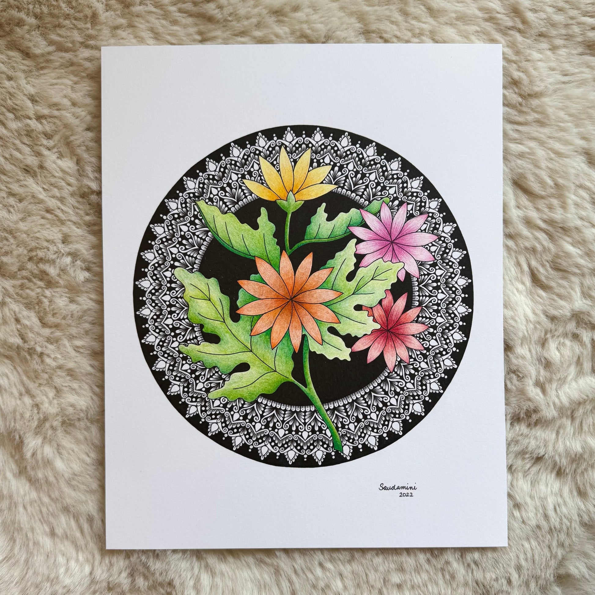 Hand-drawn colorful floral mandala by Saudamini Madra in ink and color on Bristol paper