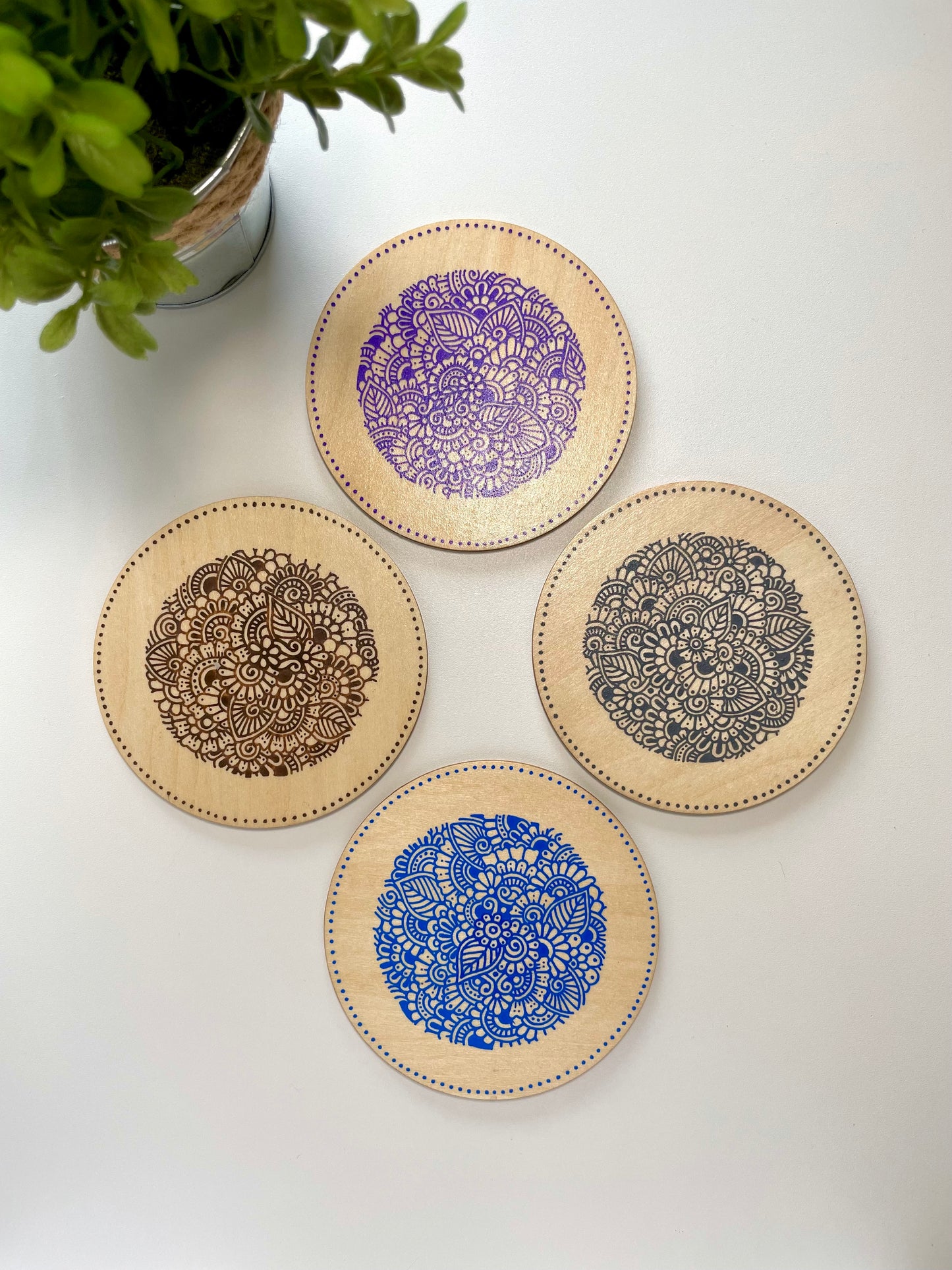 Hand Painted Wood Coasters with Zentangle Designs