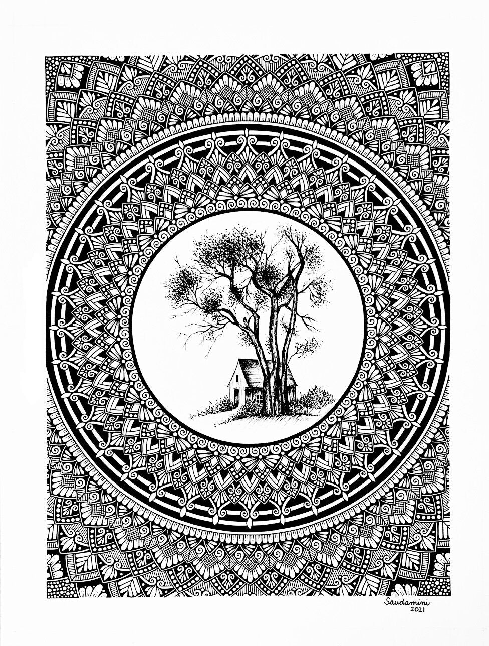 Tree & Cottage Mandala (Original)